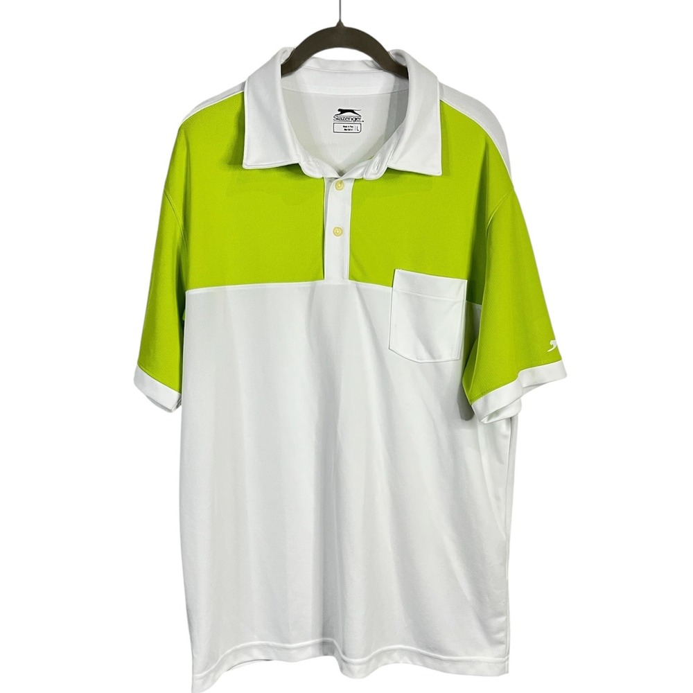Slazenger Polo Shirt Mens White Lime Green Colorblock Mesh Pocket - L
